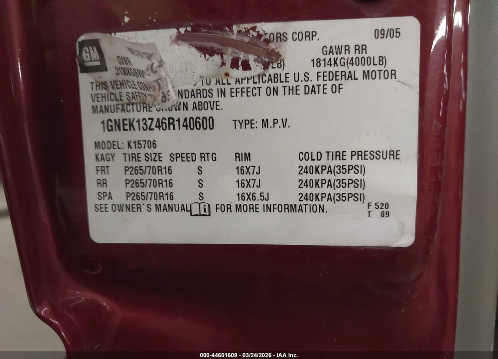 2006 CHEVROLET TAHOE LS VIN: 1GNEK13Z46R140600