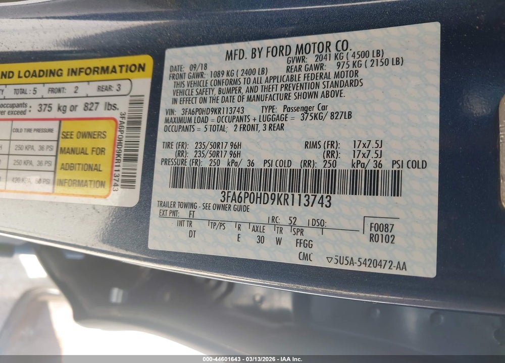 2019 FORD FUSION SE VIN: 3FA6P0HD9KR113743