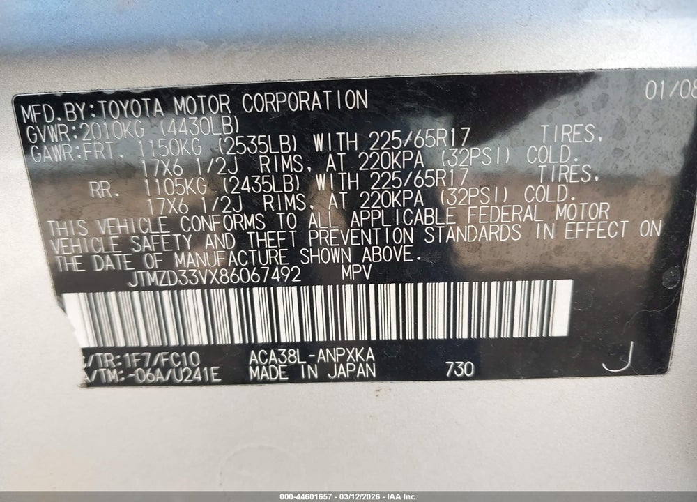 2008 TOYOTA RAV4 VIN: JTMZD33VX86067492