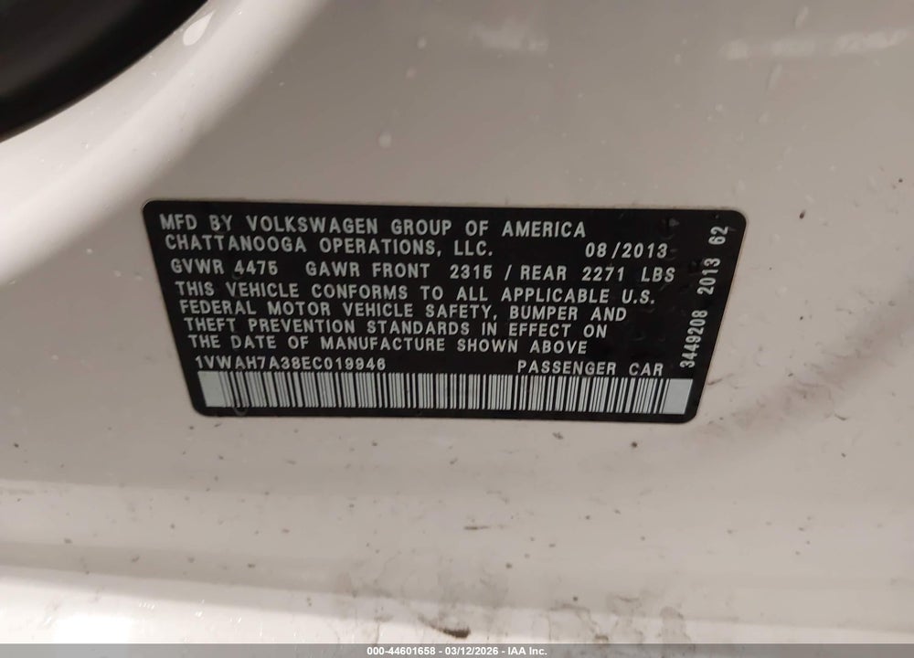 2014 VOLKSWAGEN PASSAT 2.5L WOLFSBURG EDITION VIN: 1VWAH7A38EC019946