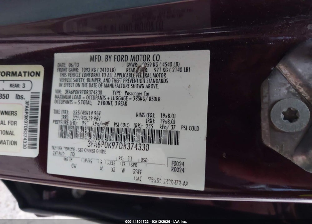 2013 FORD FUSION TITANIUM VIN: 3FA6P0K97DR374330