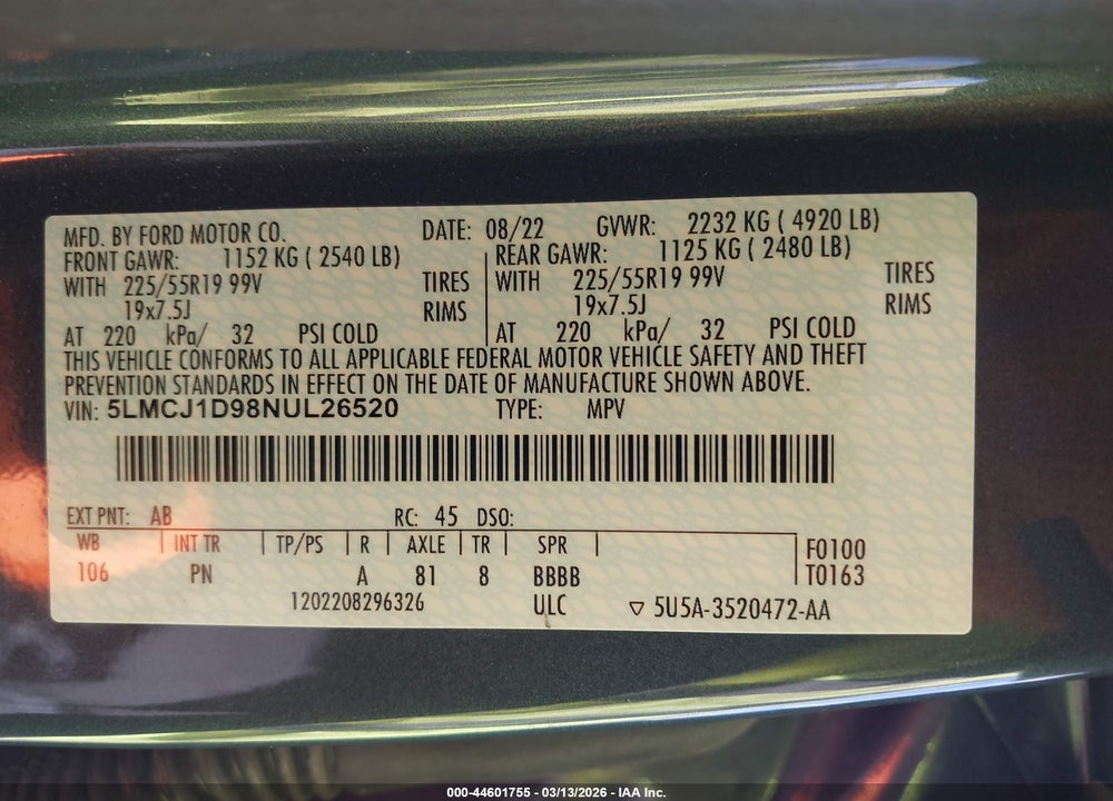2022 LINCOLN CORSAIR STANDARD VIN: 5LMCJ1D98NUL26520