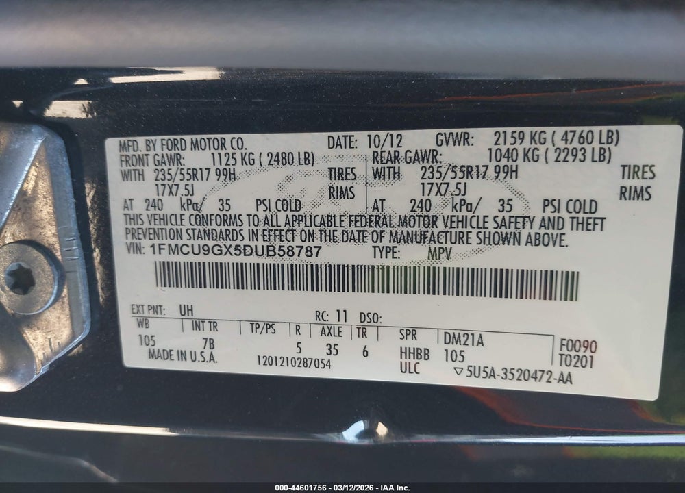 2013 FORD ESCAPE SE VIN: 1FMCU9GX5DUB58787