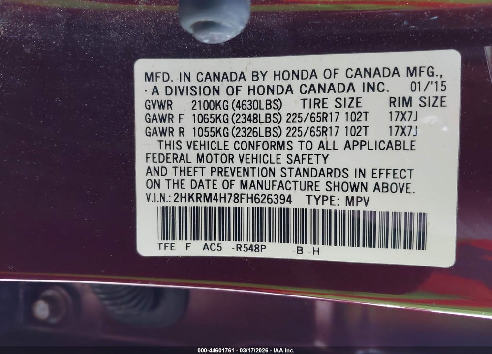 2015 HONDA CR-V EX-L VIN: 2HKRM4H78FH626394