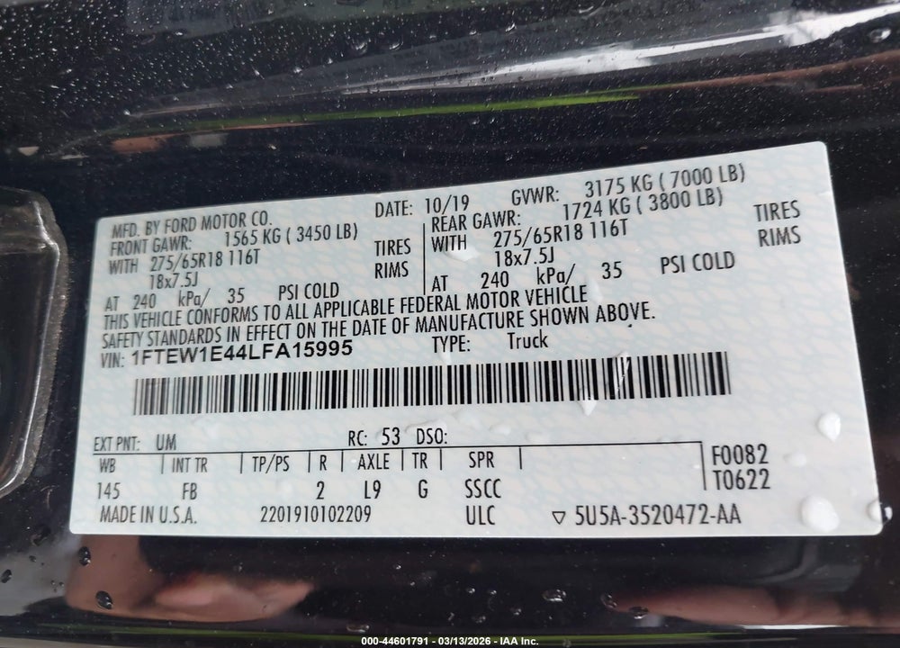 2020 FORD F-150 XLT VIN: 1FTEW1E44LFA15995
