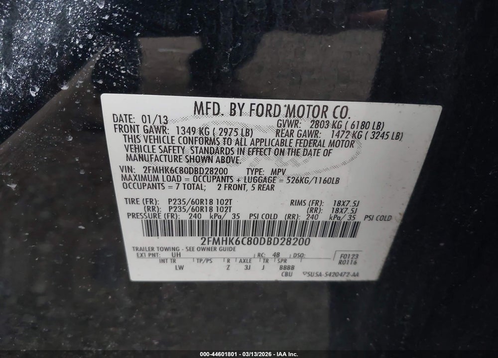 2013 FORD FLEX SEL VIN: 2FMHK6C80DBD28200