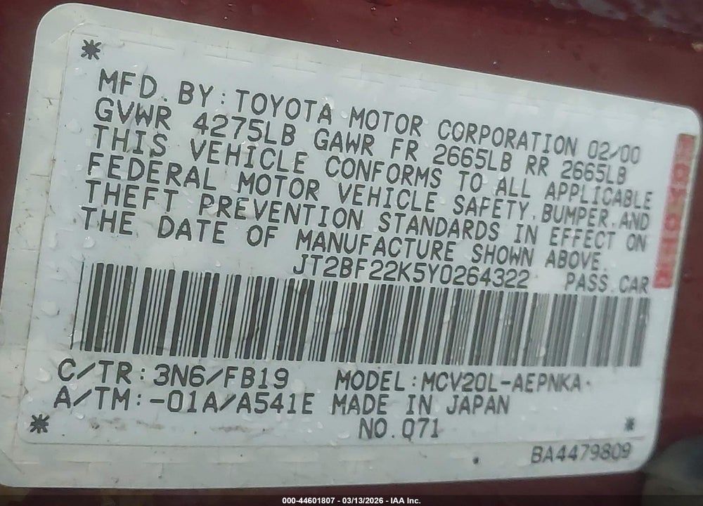 2000 TOYOTA CAMRY LE V6 VIN: JT2BF22K5Y0264322