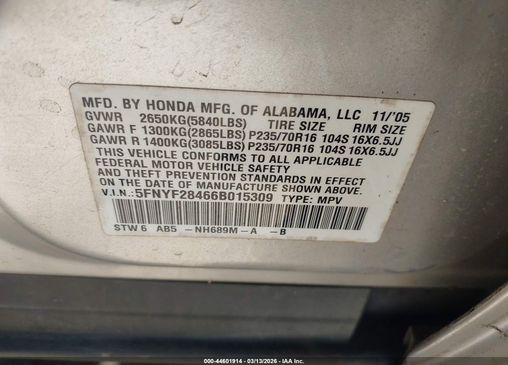 2006 HONDA PILOT EX VIN: 5FNYF28466B015309