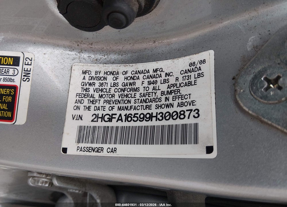 2009 HONDA CIVIC LX VIN: 2HGFA16599H300873