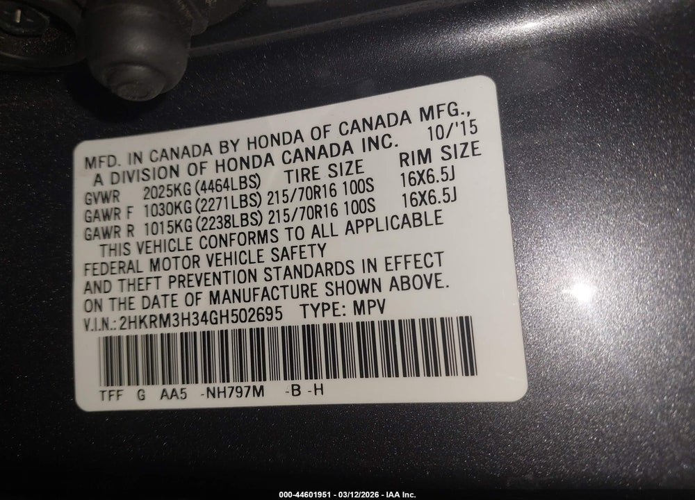 2016 HONDA CR-V LX VIN: 2HKRM3H34GH502695