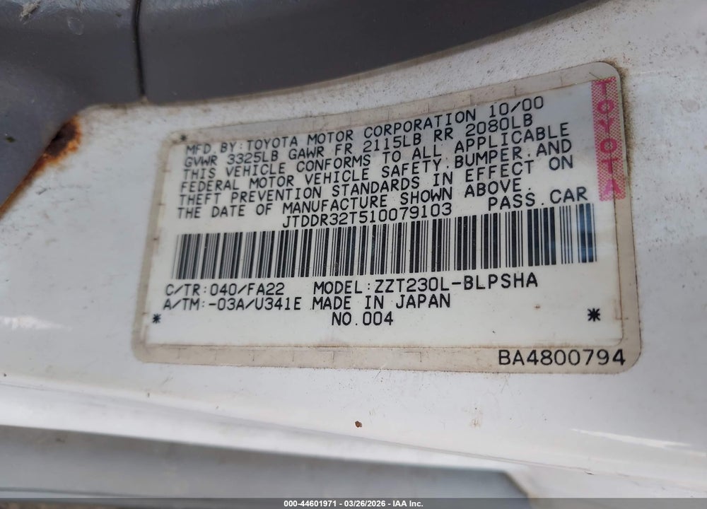 2001 TOYOTA CELICA GT VIN: JTDDR32T510079103