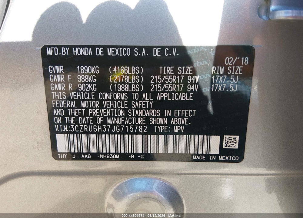 2018 HONDA HR-V LX VIN: 3CZRU6H37JG715782