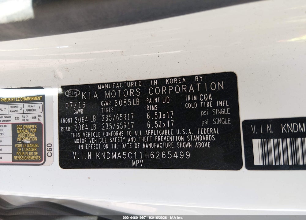2017 KIA SEDONA L VIN: KNDMA5C11H6265499