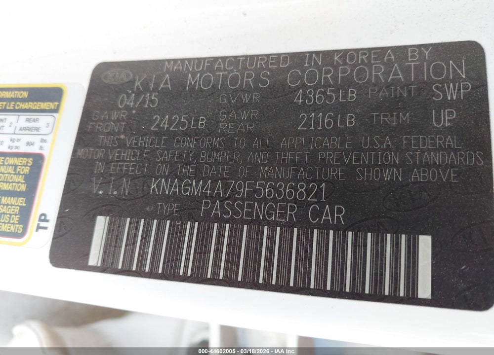 2015 KIA OPTIMA LX VIN: KNAGM4A79F5636821