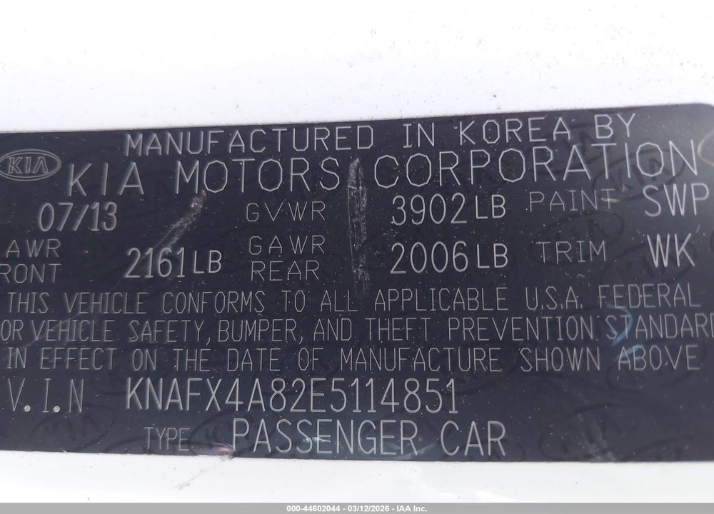 2014 KIA FORTE EX VIN: KNAFX4A82E5114851