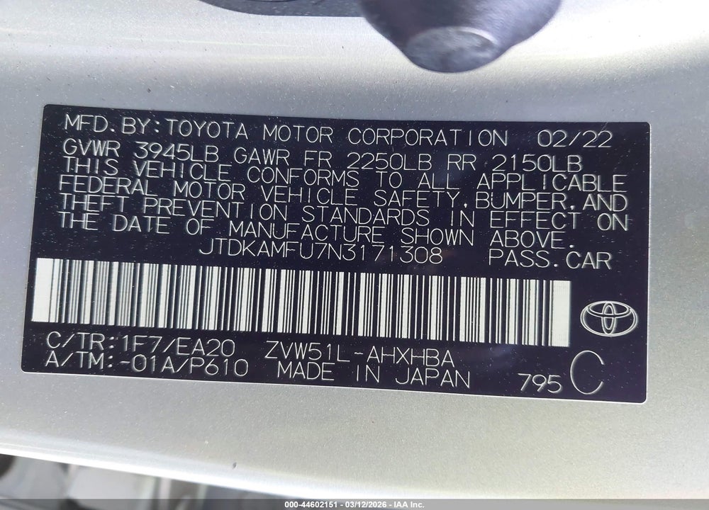 2022 TOYOTA PRIUS NIGHTSHADE EDITION VIN: JTDKAMFU7N3171308