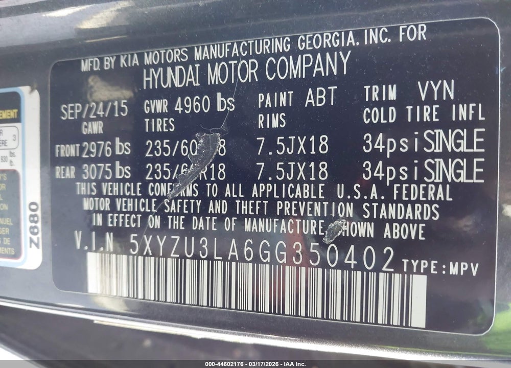 2016 HYUNDAI SANTA FE SPORT 2.0L TURBO VIN: 5XYZU3LA6GG350402