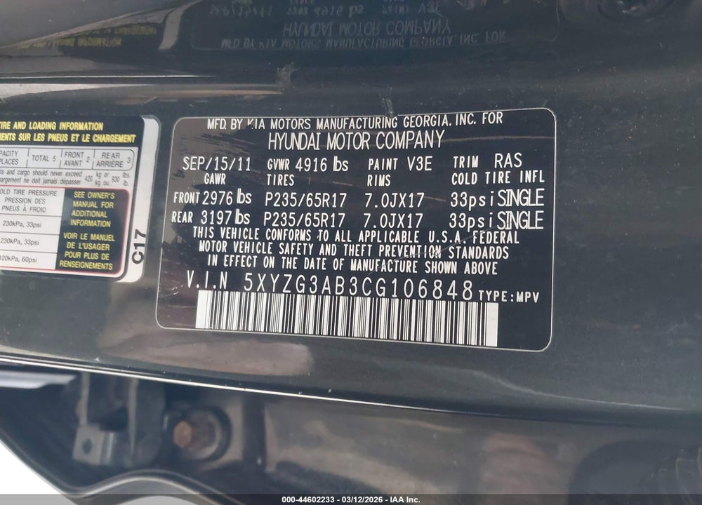 2012 HYUNDAI SANTA FE GLS VIN: 5XYZG3AB3CG106848