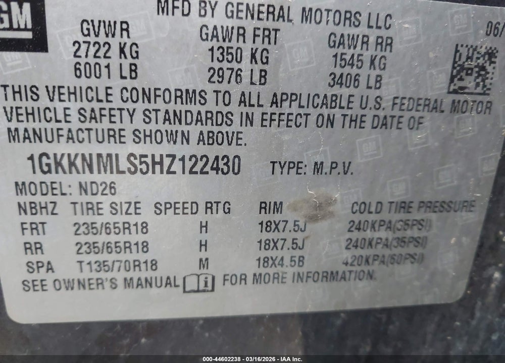 2017 GMC ACADIA SLT-1 VIN: 1GKKNMLS5HZ122430