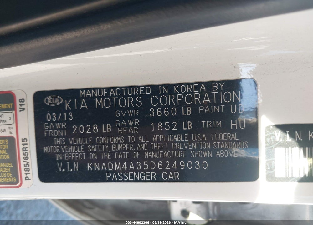 2013 KIA RIO LX VIN: KNADM4A35D6249030