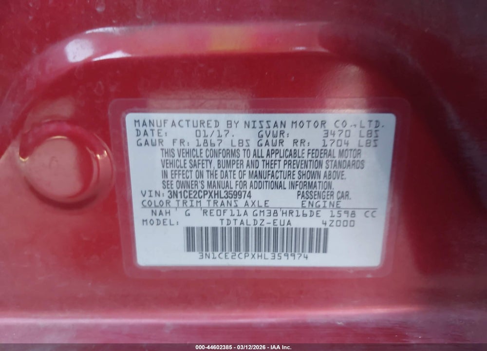 2017 NISSAN VERSA NOTE SV VIN: 3N1CE2CPXHL359974
