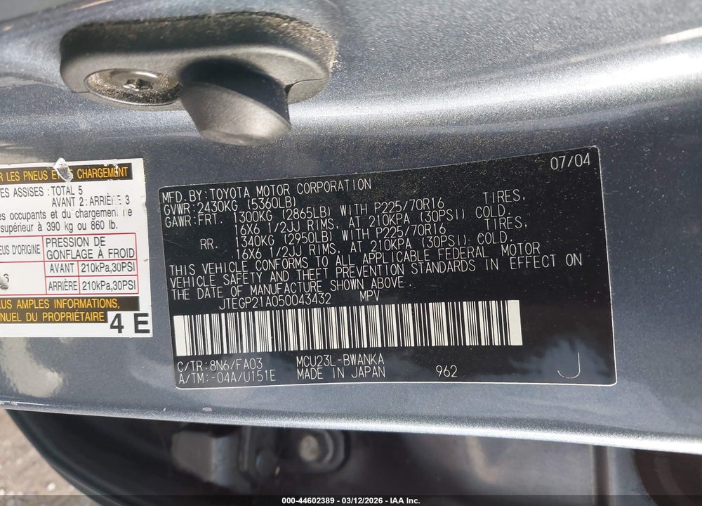 2005 TOYOTA HIGHLANDER V6 VIN: JTEGP21A050043432