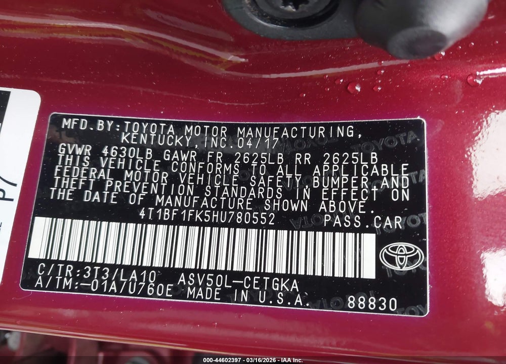 2017 TOYOTA CAMRY XLE VIN: 4T1BF1FK5HU780552