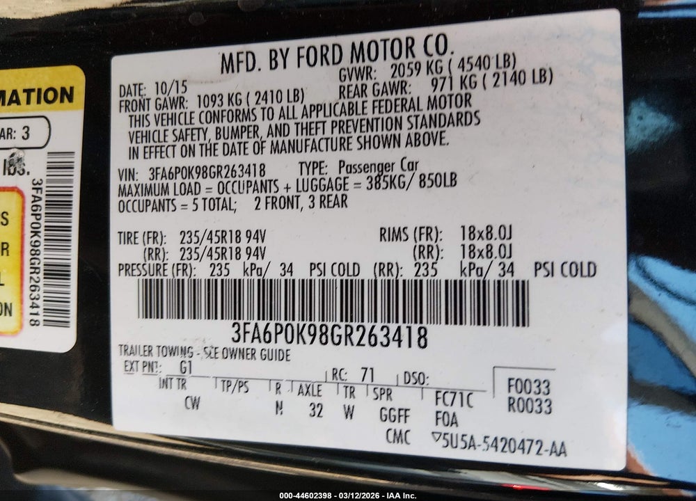 2016 FORD FUSION TITANIUM VIN: 3FA6P0K98GR263418