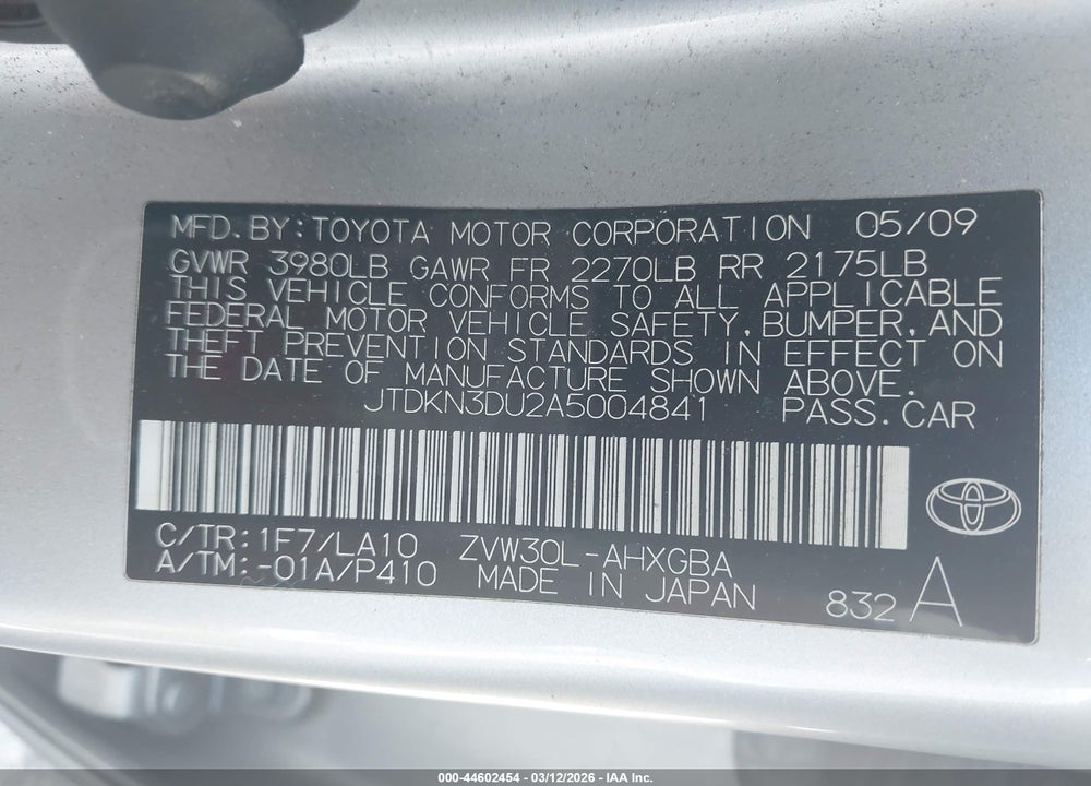 2010 TOYOTA PRIUS V VIN: JTDKN3DU2A5004841
