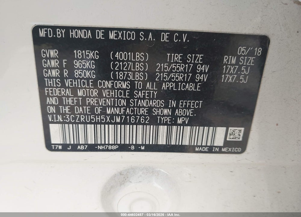 2018 HONDA HR-V EX VIN: 3CZRU5H5XJM716762