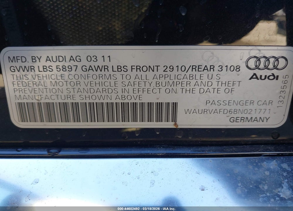 2011 AUDI A8 L 4.2 VIN: WAURVAFD6BN021771