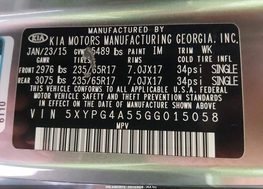 2016 KIA SORENTO 3.3L LX VIN: 5XYPG4A55GG015058