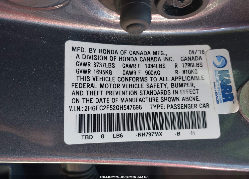 2016 HONDA CIVIC LX VIN: 2HGFC2F52GH547696
