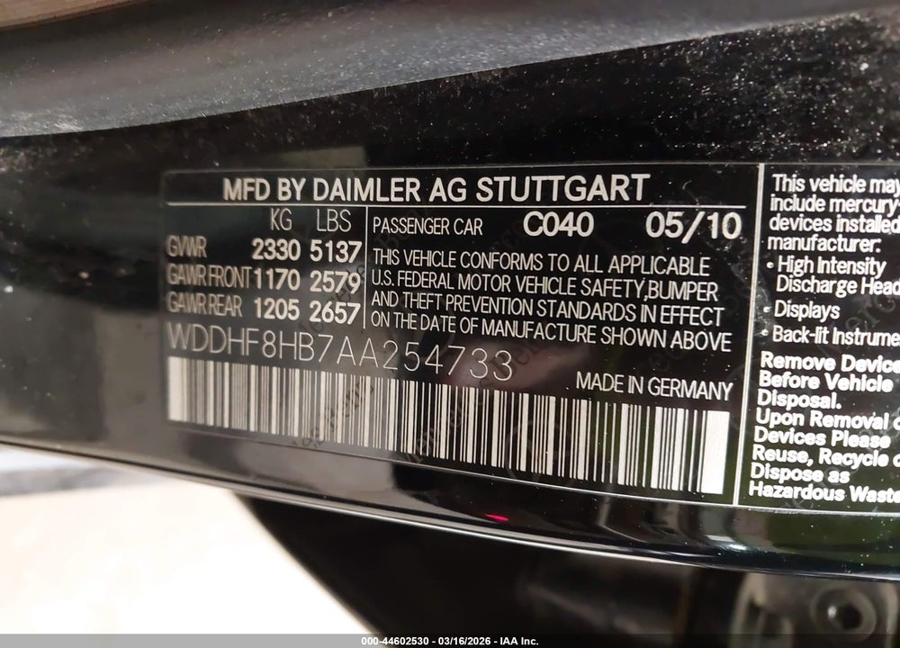 2010 MERCEDES-BENZ E 350 4MATIC VIN: WDDHF8HB7AA254733