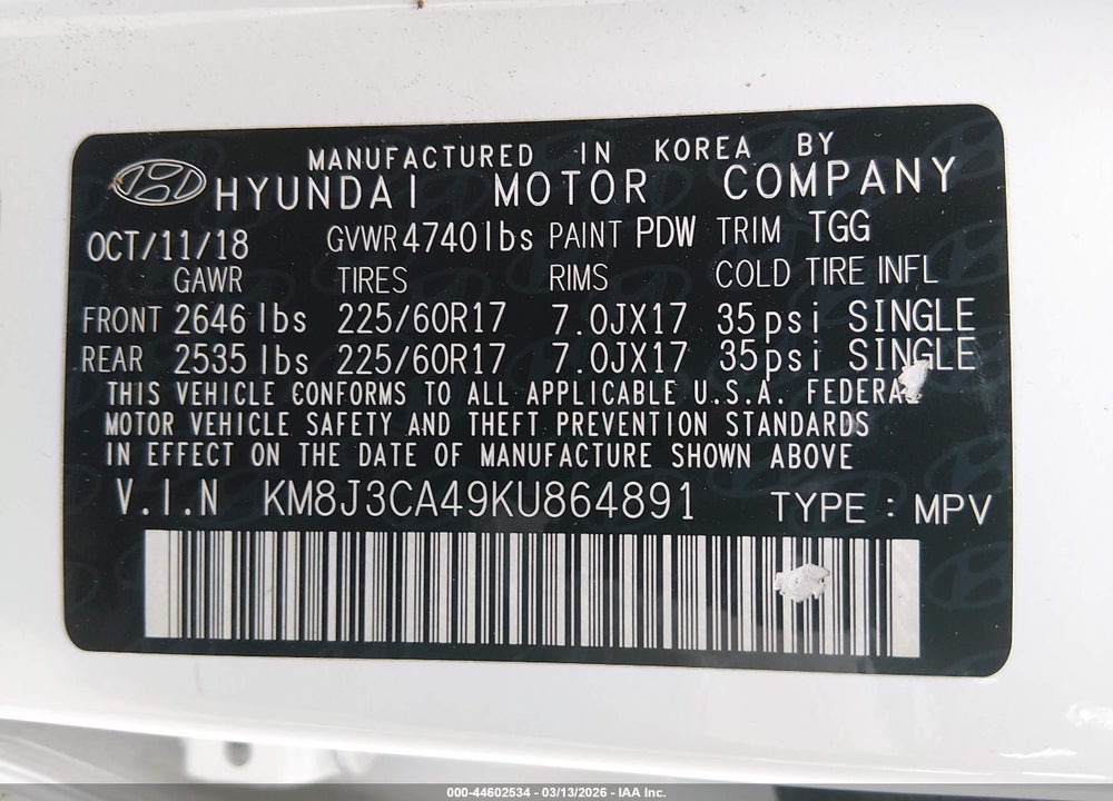 2019 HYUNDAI TUCSON VALUE VIN: KM8J3CA49KU864891