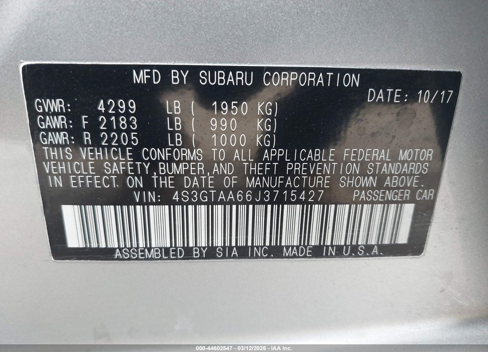 2018 SUBARU IMPREZA VIN: 4S3GTAA66J3715427