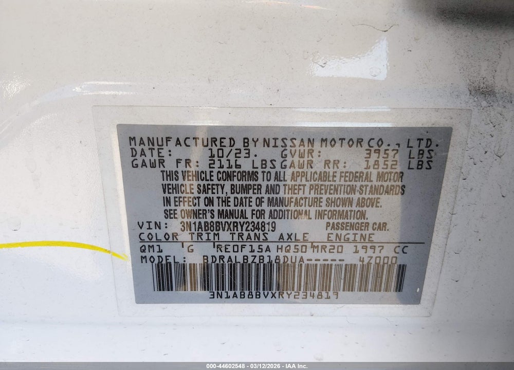 2024 NISSAN SENTRA S XTRONIC CVT VIN: 3N1AB8BVXRY234819