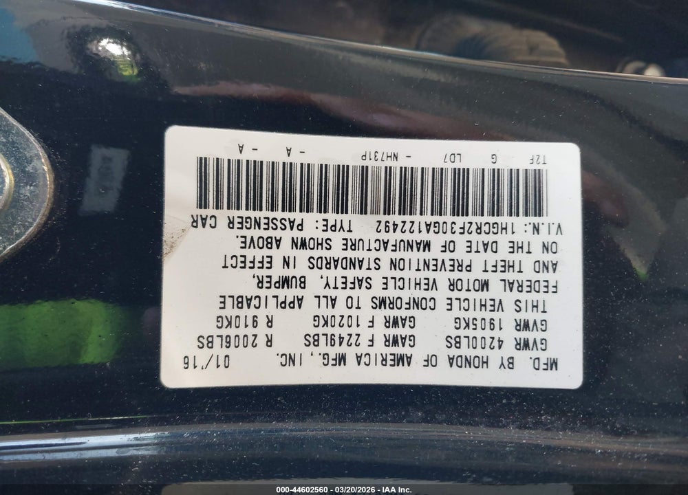 2016 HONDA ACCORD LX VIN: 1HGCR2F30GA122492
