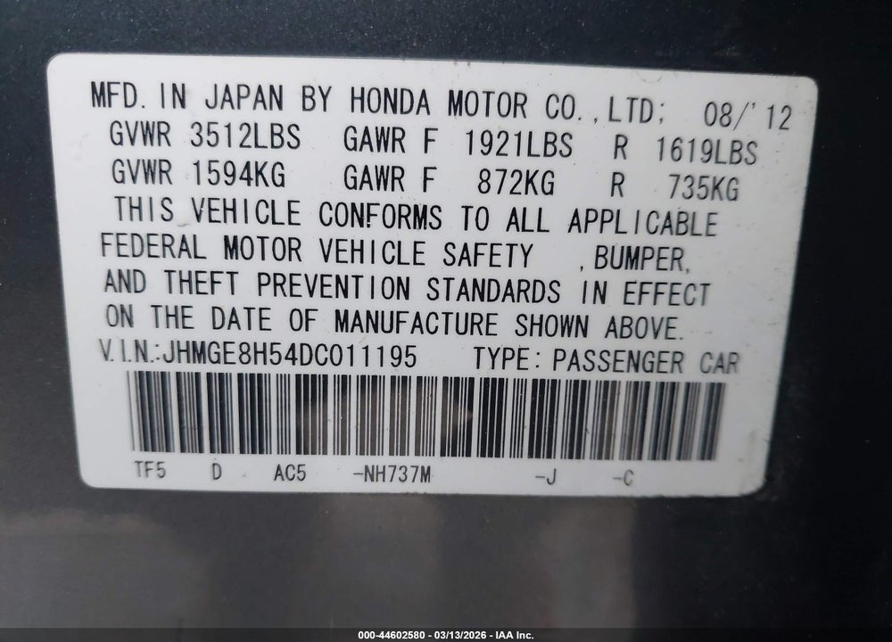 2013 HONDA FIT SPORT VIN: JHMGE8H54DC011195