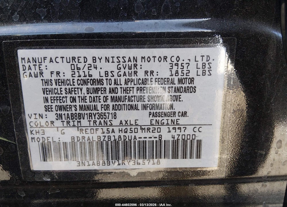 2024 NISSAN SENTRA S VIN: 3N1AB8BV1RY365718