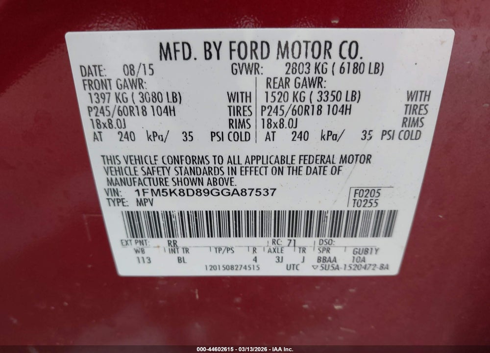 2016 FORD EXPLORER XLT VIN: 1FM5K8D89GGA87537