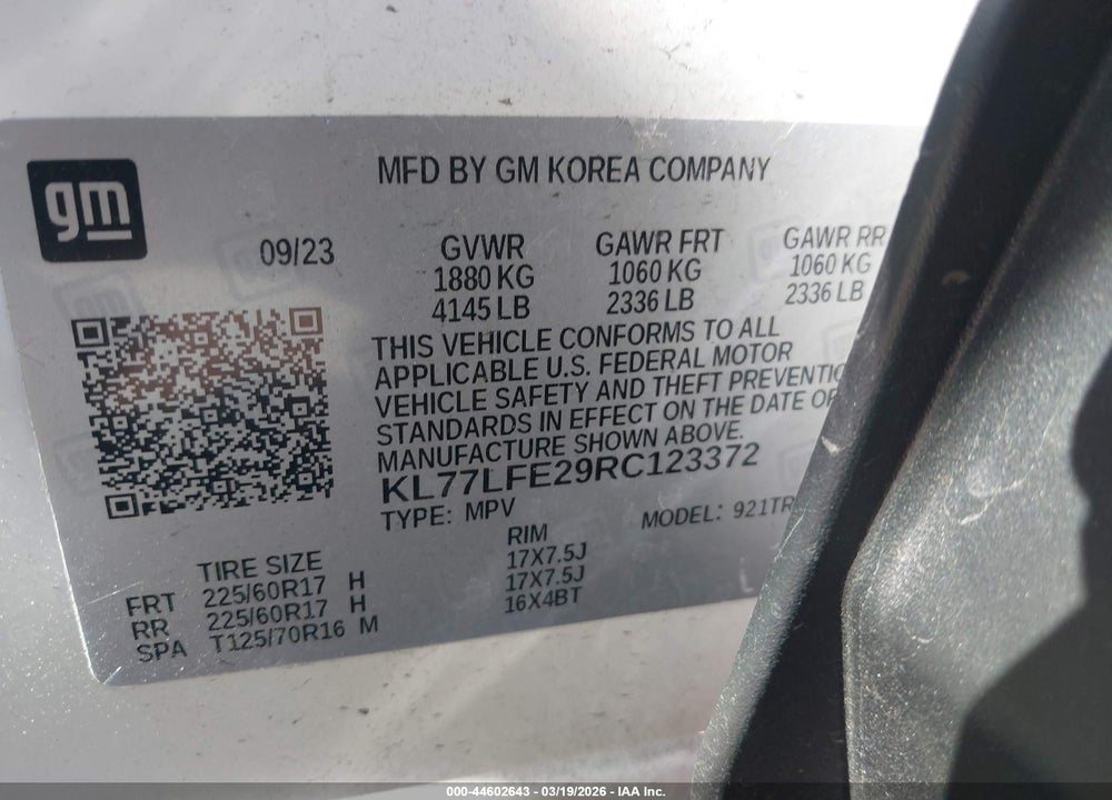 2024 CHEVROLET TRAX FWD SP VIN: KL77LFE29RC123372
