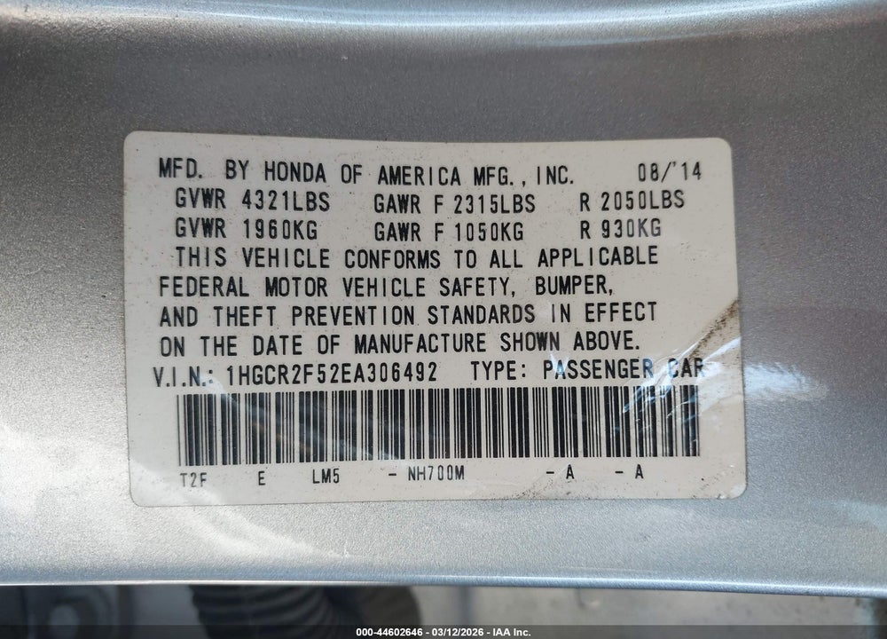 2014 HONDA ACCORD SPORT VIN: 1HGCR2F52EA306492