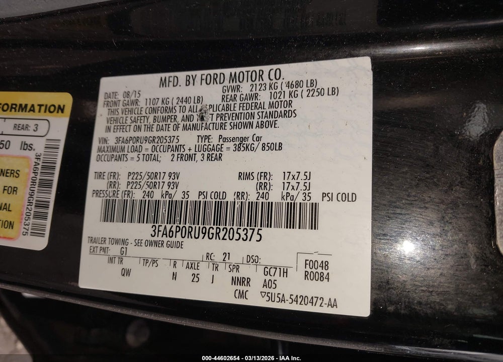 2016 FORD FUSION HYBRID TITANIUM VIN: 3FA6P0RU9GR205375