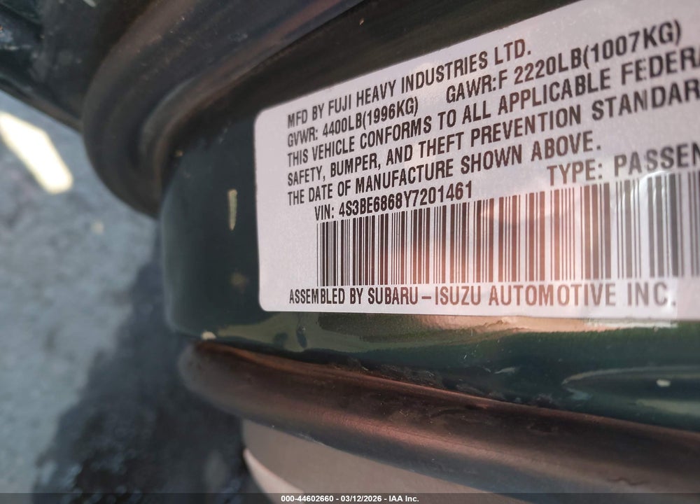 2000 SUBARU OUTBACK LIMITED VIN: 4S3BE6868Y7201461
