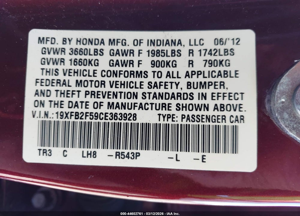 2012 HONDA CIVIC LX VIN: 19XFB2F59CE363928