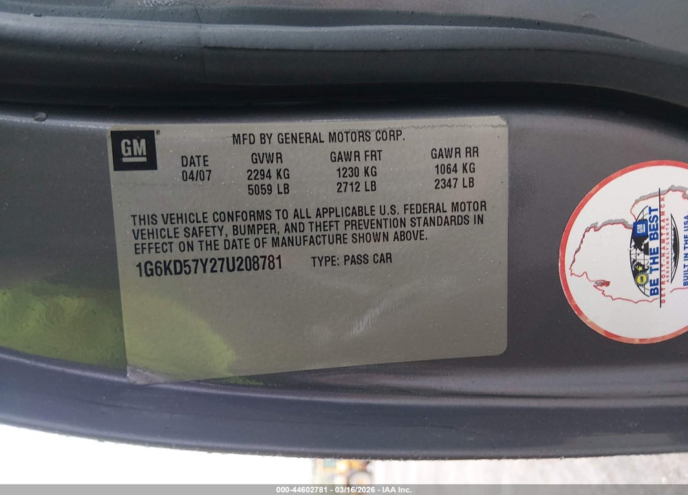 2007 CADILLAC DTS LUXURY I VIN: 1G6KD57Y27U208781