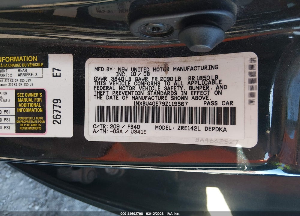 2009 TOYOTA COROLLA VIN: 1NXBU40E79Z119567