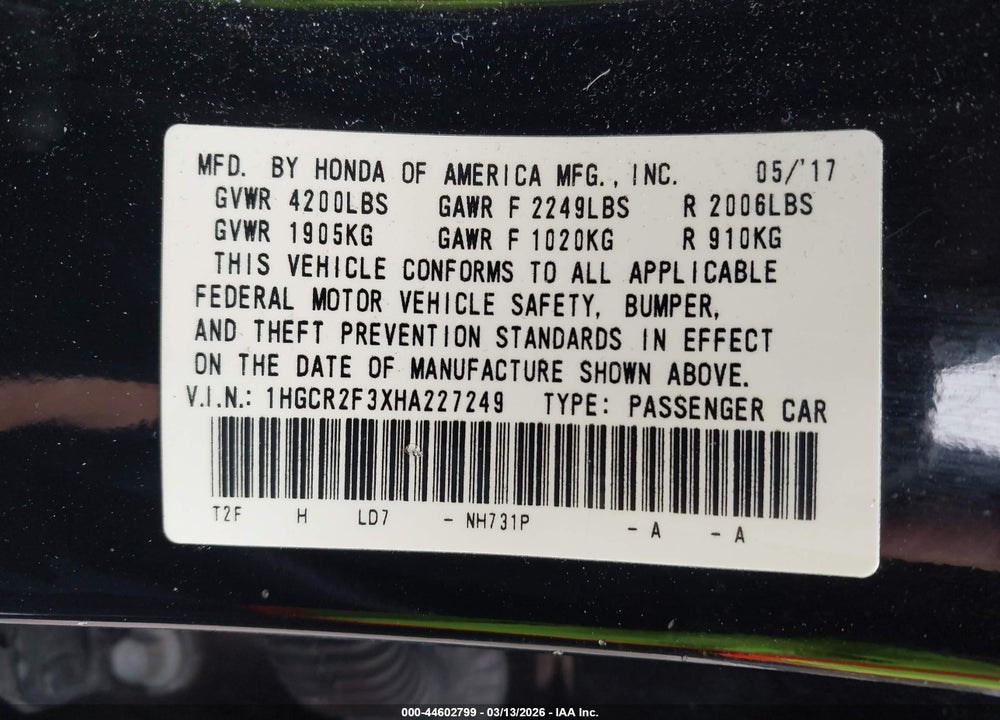 2017 HONDA ACCORD LX VIN: 1HGCR2F3XHA227249