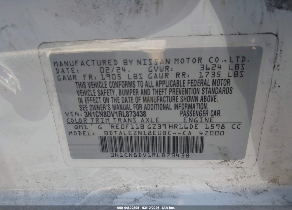 2024 NISSAN VERSA 1.6 S VIN: 3N1CN8DV1RL873438